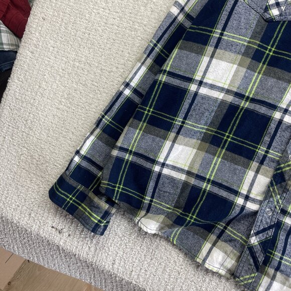 URBAN VINTAGE Snap Button Up Flannel Plaid Shirt Men SZ XXL Neon Green / Blue - Picture 5 of 14